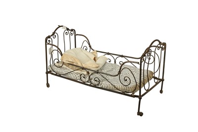 Lot 187 - DOLLS: A FRENCH WROUGHT IRON DOLLS CAMPAIGN STYLE BED, LATE 19TH/EARLY 20TH CENTURY
