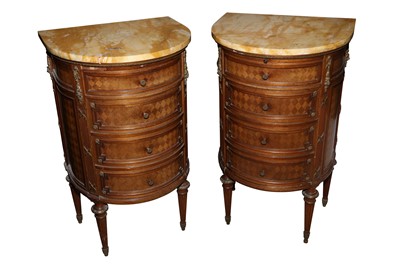 Lot 82 - A PAIR OF FRENCH DEMI LUNE PARQUETRY INLAID WALNUT BEDSIDE CHESTS, 20TH CENTURY