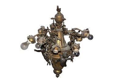 Lot 1090 - AN EARLY 20TH CENTURY GILT AND PATINATED METAL BELLE EPOCH CEILING LIGHT