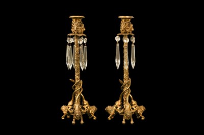 Lot 85 - A PAIR OF LATE 19TH CENTURY FRENCH GILT BRONZE AND CUT GLASS CANDLESTICKS