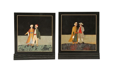 Lot 684 - TWO SMALL FLORENTINE PIETRA DURA PANELS WITH TURKISH AND EUROPEAN FIGURES