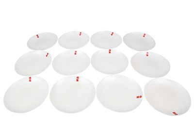 Lot 570 - LUESMA & VEGA, SPAIN, A SET OF TWELVE WHITE GLASS DISHES, 21ST CENTURY
