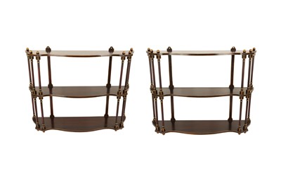 Lot 213 - A PAIR OF REGENCY STYLE FAUX ROSEWOOD HANGING SHELVES