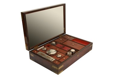 Lot 195 - A 19TH CENTURY MAHOGANY CAMPAIGN STYLE GENTLEMAN'S DRESSING BOX