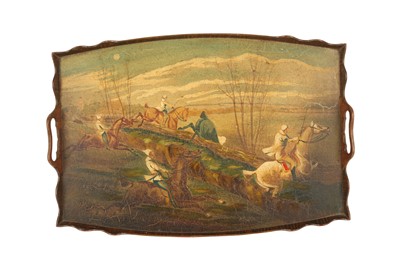 Lot 212 - A PAIR OF LATE 19TH / EARLY 20TH CENTURY PAINTED TRAYS DECORATED WITH STEEPLECHASING