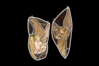 Lot 18 - TWO ENGLISH MID 15TH CENTURY STYLE STAINED GLASS PANELS OF ANGELS