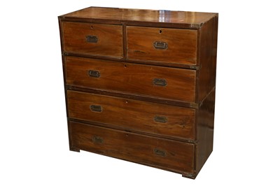 Lot 22 - A TEAK AND BRASS BOUND CAMPAIGN CHEST, 19TH CENTURY