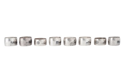 Lot 613 - A SET OF SIX MID-20TH CENTURY IRAQI SILVER AND NIELLO NAPKIN RINGS, BASRA CIRCA 1940