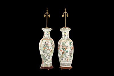 Lot 87 - A LARGE NEAR PAIR OF CANTON PORCELAIN VASES ADAPTED AS LAMP BASES