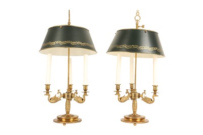 Lot 72 - A PAIR OF LOUIS XVI STYLE ORMOLU AND TOLE BOUILLOTTE LAMPS