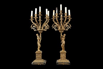 Lot 108 - A LARGE PAIR OF NAPOLEON III STYLE GILT METAL FIGURAL CANDELABRA