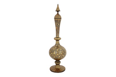 Lot 303 - A QAJAR GOLD-DAMASCENED STEEL BOTTLE WITH GRAPES