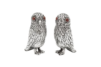Lot 93 - A pair of early 20th century unmarked silver novelty owl pepper pots, German or Dutch circa 1910