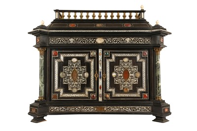 Lot 38 - A 19TH CENTURY ITALIAN EBONISED, HARDSTONE AND IVORY INLAID TABLE CABINET