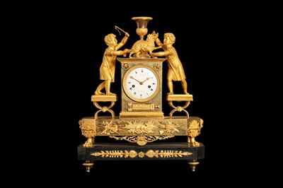 Lot 274 - A VERY RARE AND FINE EMPIRE PERIOD GILT BRONZE MANTEL CLOCK DEPICTING TWO BOYS WITH A CAT CIRCA 1810