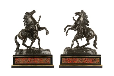 Lot 142 - A LARGE PAIR OF MID 19TH CENTURY FRENCH BRONZE MODELS OF THE MARLEY HORSES ON BOULLE STANDS