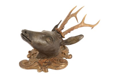 Lot 210 - A LATE 19TH CENTURY AUSTRIAN CARVED WOOD AND ANTLER DEER HEAD TROPHY