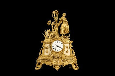 Lot 276 - A SECOND QUARTER 19TH CENTURY FRENCH GILT BRONZE FIGURAL MANTEL CLOCK , CIRCA 1840