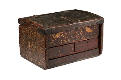 Lot 750 - AN HISPANO-COLONIAL BARNIZ DE PASTO TABLE CABINET WITH THE 'IHS' CHRISTOGRAM