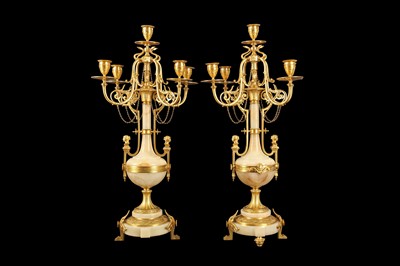 Lot 60 - A FINE PAIR OF LATE 19TH CENTURY FRENCH GILT BRONZE AND ALGERIAN ONYX CANDELABRA