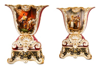 Lot 243 - A PAIR OF 19TH CENTURY FRENCH JACOB PETIT STYLE PORCELAIN VASES DEPICTING BIBLICAL SCENES