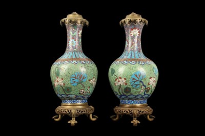 Lot 83 - A PAIR OF 20TH CENTURY CHINESE CLOISONNE URN LAMP BASES