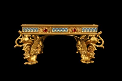 Lot 102 - A LATE 19TH CENTURY FRENCH GILT BRONZE, CHAMPLEVE ENAMEL AND PASTE MOUNTED STAND