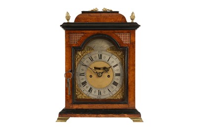 Lot 310 - A 19TH CENTURY ENGLISH WALNUT VENEERED FUSEE TABLE CLOCK INCORPORATING EARLIER ELEMENTS