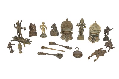 Lot 372 - A GROUP OF NINE BRONZE DEVOTIONAL MINIATURE ICONS (MURTI) AND SEVEN INDIAN BRONZE RITUAL VESSELS