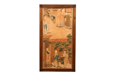 Lot 209 - A CHINESE WALLPAPER PANEL FRAGMENT SET WITHIN A  COFFEE TABLETOP.