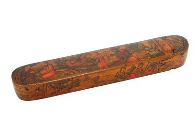 Lot 356 - A QAJAR LACQUERED PAPIER-MÂCHÉ PEN CASE (QALAMDAN)