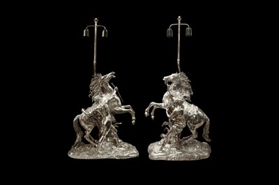 Lot 80 - A LARGE AND IMPRESSIVE PAIR OF 19TH CENTURY SILVERED BRONZE MODELS OF THE MARLY HORSES