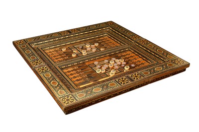 Lot 653 - λ A LARGE MOTHER-OF-PEARL AND COLOURED WOOD-INLAID PORTABLE GAMING BOARD