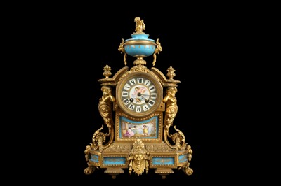 Lot 291 - A THIRD QUARTER 19TH CENTURY FRENCH GILT BRONZE AND SEVRES STYLE PORCELAIN MOUNTED MANTEL CLOCK
