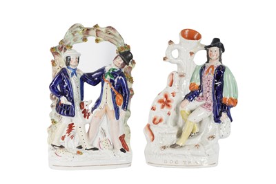 Lot 11 - A STAFFORDSHIRE FLATBACK SPILL VASE FIGURE ENTITLED DOG TRAY, 19TH CENTURY