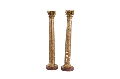 Lot 141 - A PAIR OF 19TH CENTURY BAROQUE STYLE PAINTED AND GILTWOOD CORINTHIAN COLUMNS, PROBABLY ITALIAN