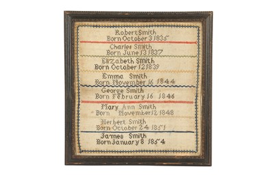 Lot 256 - A 19TH CENTURY ENGLISH FAMILY SAMPLER