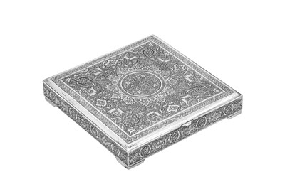 Lot 298 - A mid-20th century Iranian (Persian) silver cigarette or confectionary box, Isfahan circa 1950 mark of Reza, retailed by Ja'Fari