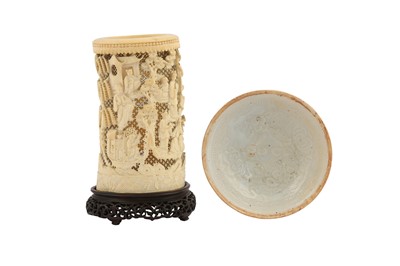 Lot 813 - A CHINESE IVORY CANTON BRUSH POT, BITONG AND A QINGBAI BOWL.