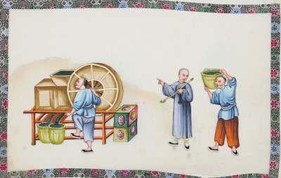 Lot 214 - A CHINESE ALBUM OF TEN PITH PAPER PAINTINGS OF TEA PRODUCTION.