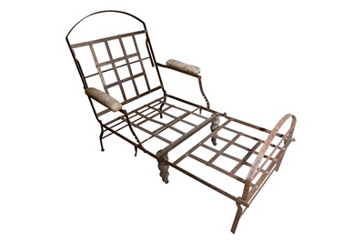 Lot 173 - A  FOLDING SLATTED METAL CAMPAIGN ARMCHAIR, 19TH CENTURY
