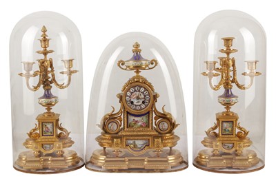 Lot 243 - A GILT METAL AND SEVRES STYLE PORCELAIN CLOCK GARNITURE, LATE 19TH/EARLY 20TH CENTURY