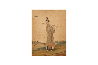 Lot 94 - A CHINESE REVERSE GLASS PAINTING OF A LADY.