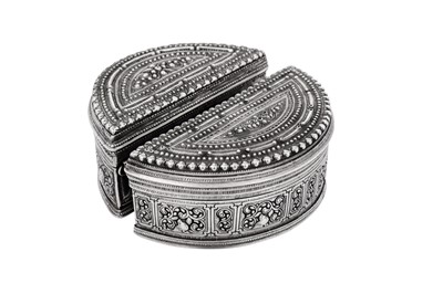 Lot 190 - Two similar early 20th century Burmese unmarked silver lime boxes, Shan States circa 1910