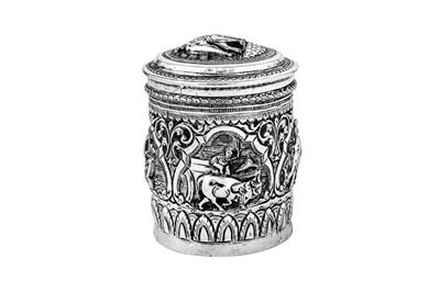 Lot 181 - A mid-20th century Burmese unmarked silver tobacco jar or tea caddy, circa 1950