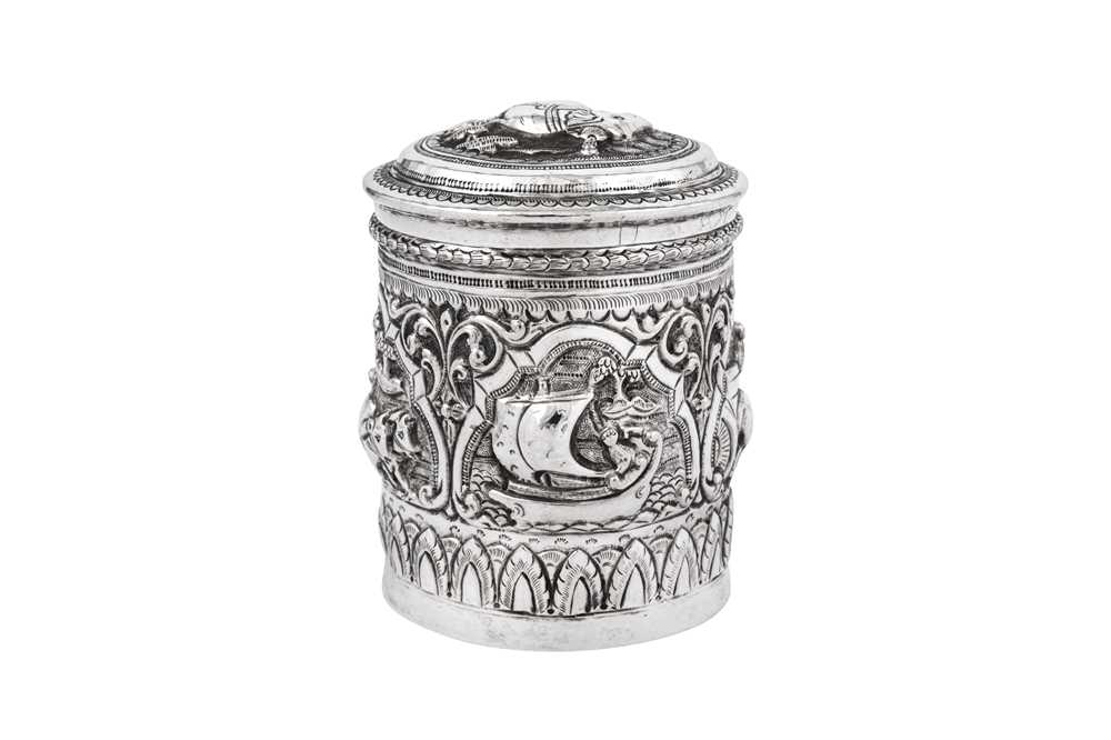 Lot 181 - A mid-20th century Burmese unmarked silver tobacco jar or tea caddy, circa 1950