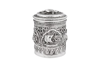 Lot 181 - A mid-20th century Burmese unmarked silver tobacco jar or tea caddy, circa 1950