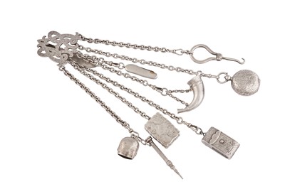 Lot 877 - A VICTORIAN UNMARKED SILVER CHATELAINE, WITH A VINAIGRETTE LONDON 1848 BY GEORGE UNITE