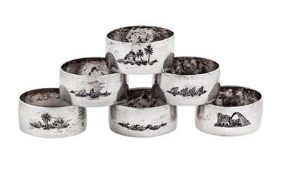 Lot 334 - A set of six mid-20th century Iraqi silver and niello napkin rings, Basra circa 1960