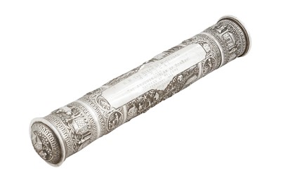 Lot 482 - A COMMEMORATIVE SILVER SCROLL HOLDER DEDICATED TO THE NIZAM OF HYDERABAD